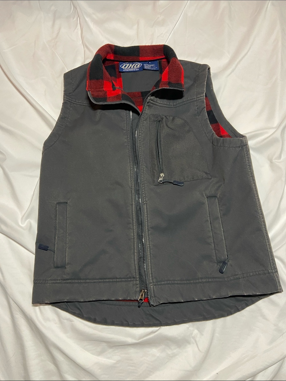 Men's Dutch Harbor Gear Gray Work Vest with Red Plaid Lining